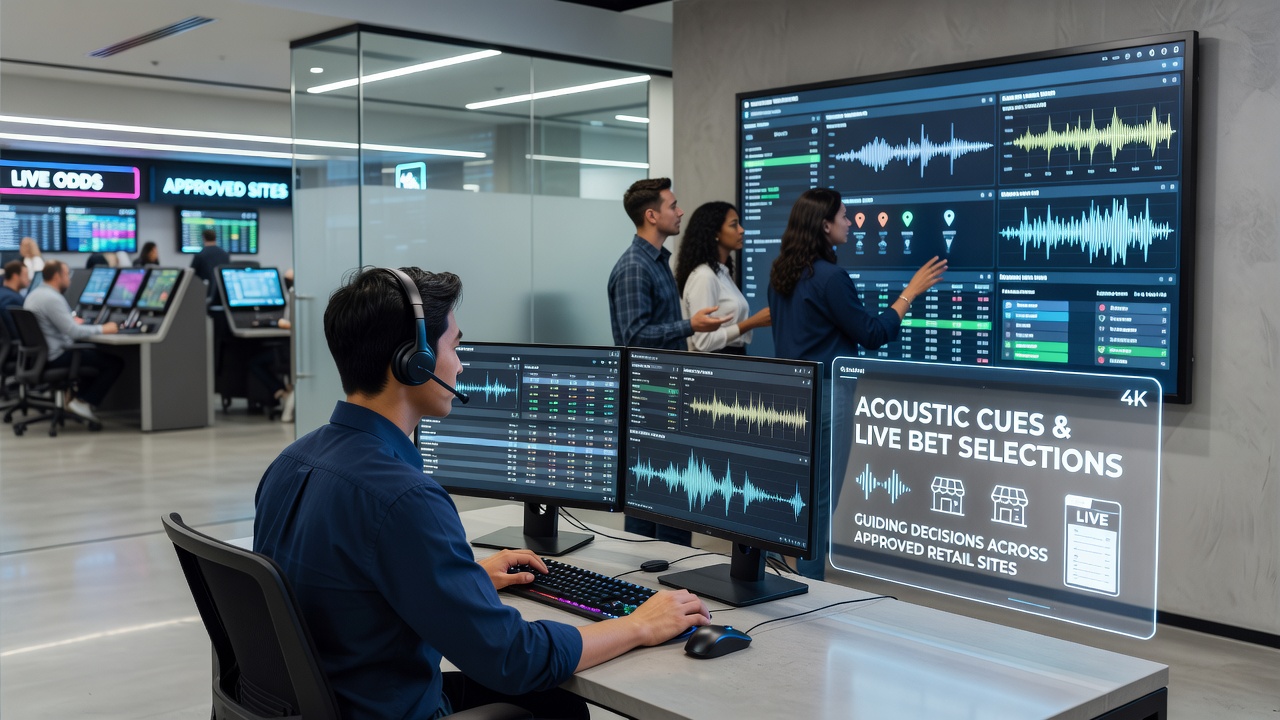 Bettors at wagering kiosks reacting to audio cues from overhead speakers during a live sports event