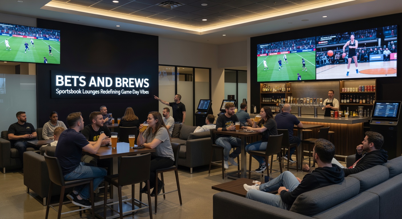 Crowded sportsbook lounge with patrons cheering at screens, craft beers in hand amid betting terminals and neon lights