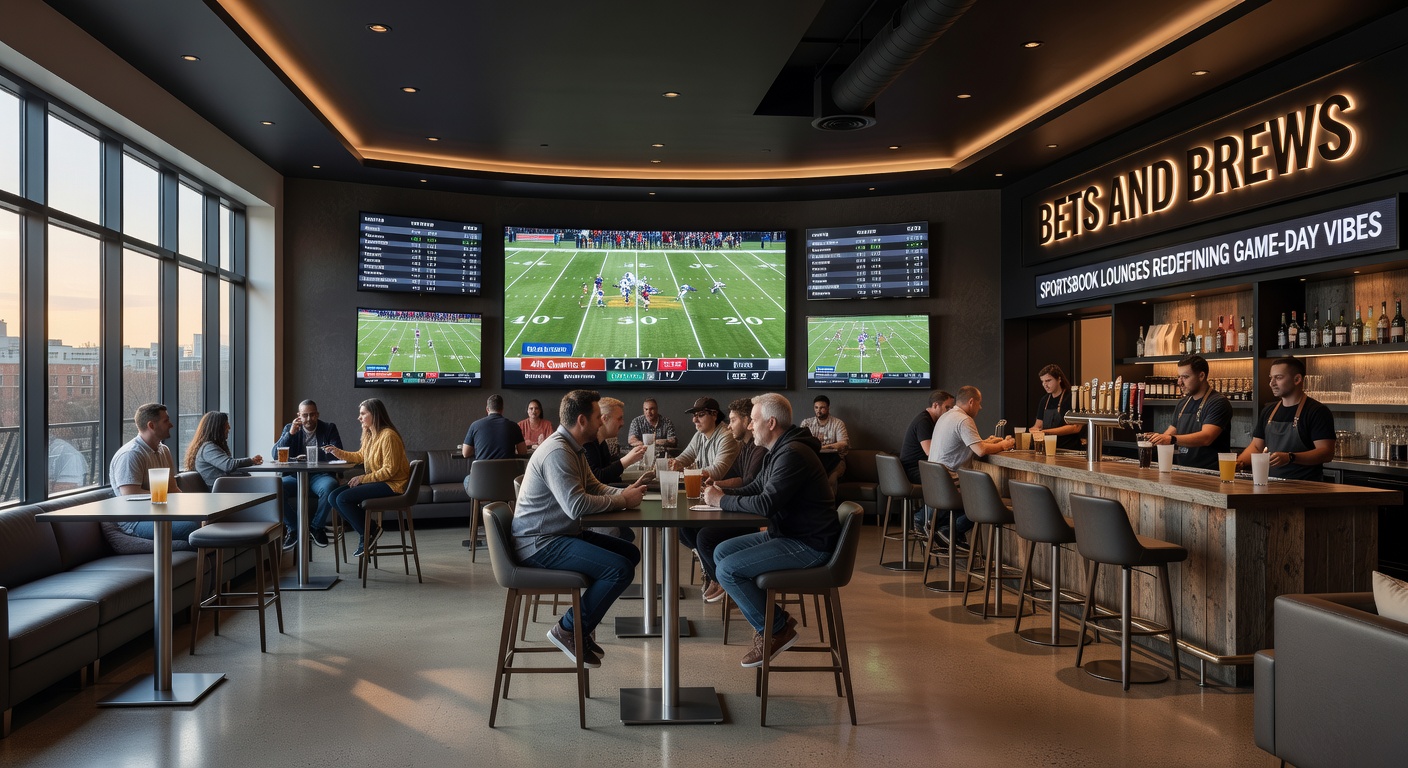 Patrons at a sleek sportsbook bar placing bets on mobile apps, surrounded by glowing screens showing live MLB action and craft beer flights