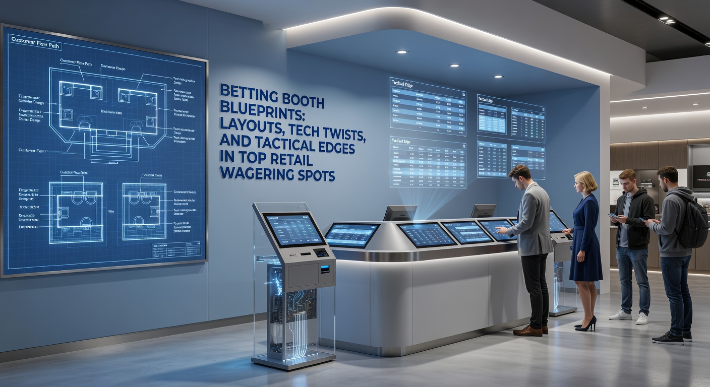 Aerial view of a modern betting booth layout in a bustling retail sportsbook, showcasing tiered counters, multiple screens, and efficient customer flow paths