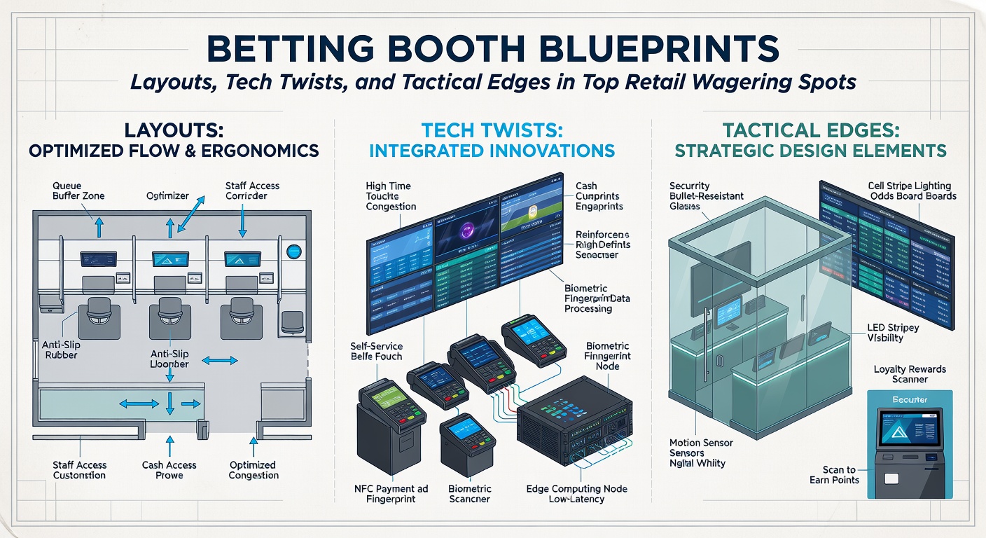 Close-up of advanced tech integration in a betting booth, featuring touchless kiosks, biometric scanners, and seamless multi-screen displays for live odds
