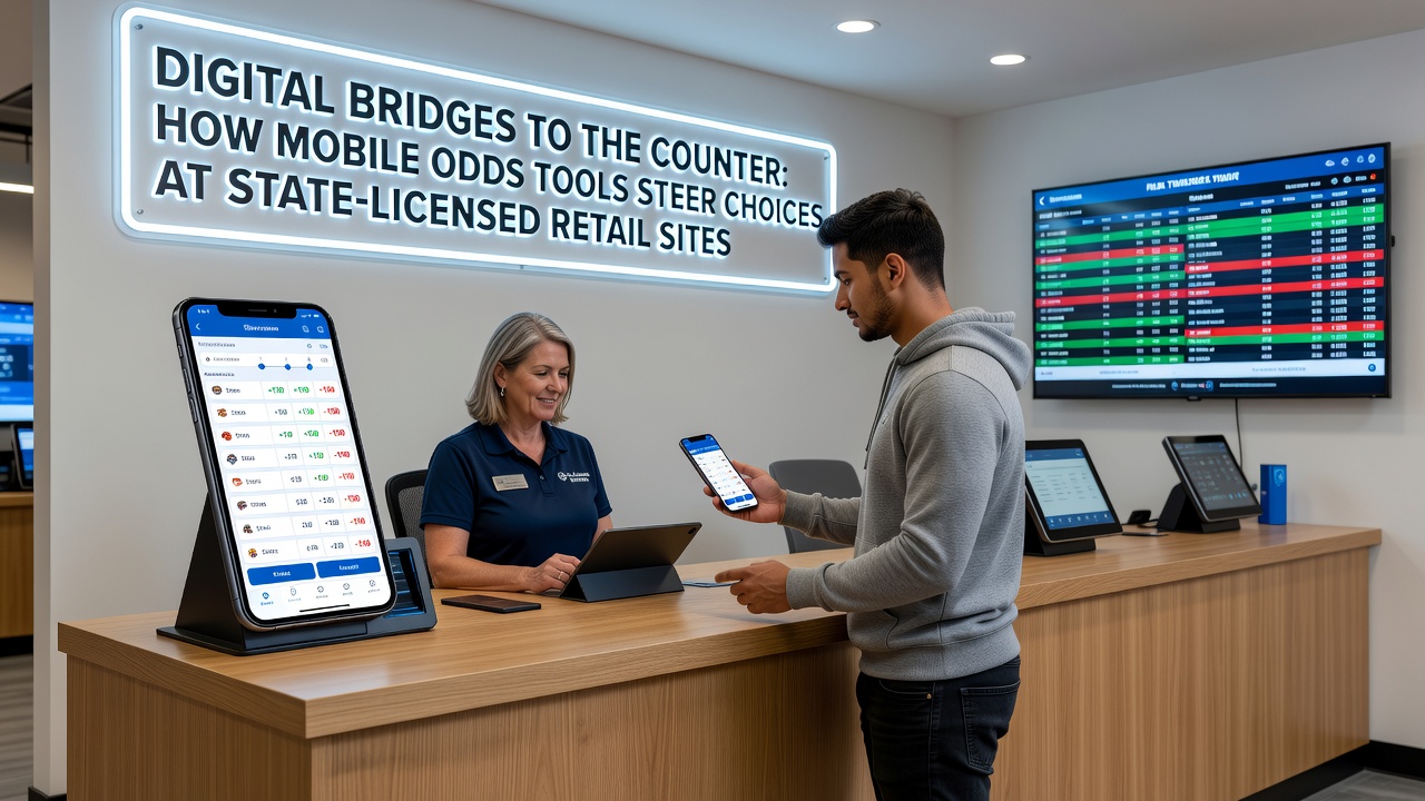 Bettor comparing mobile odds display with retail counter screen inside a state-licensed sportsbook lounge