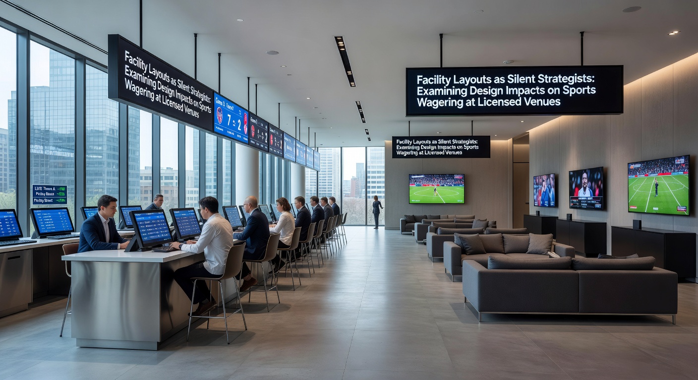 Interior view of a licensed sports wagering venue showing strategic placement of betting counters, digital displays, and seating areas designed to influence patron movement and engagement