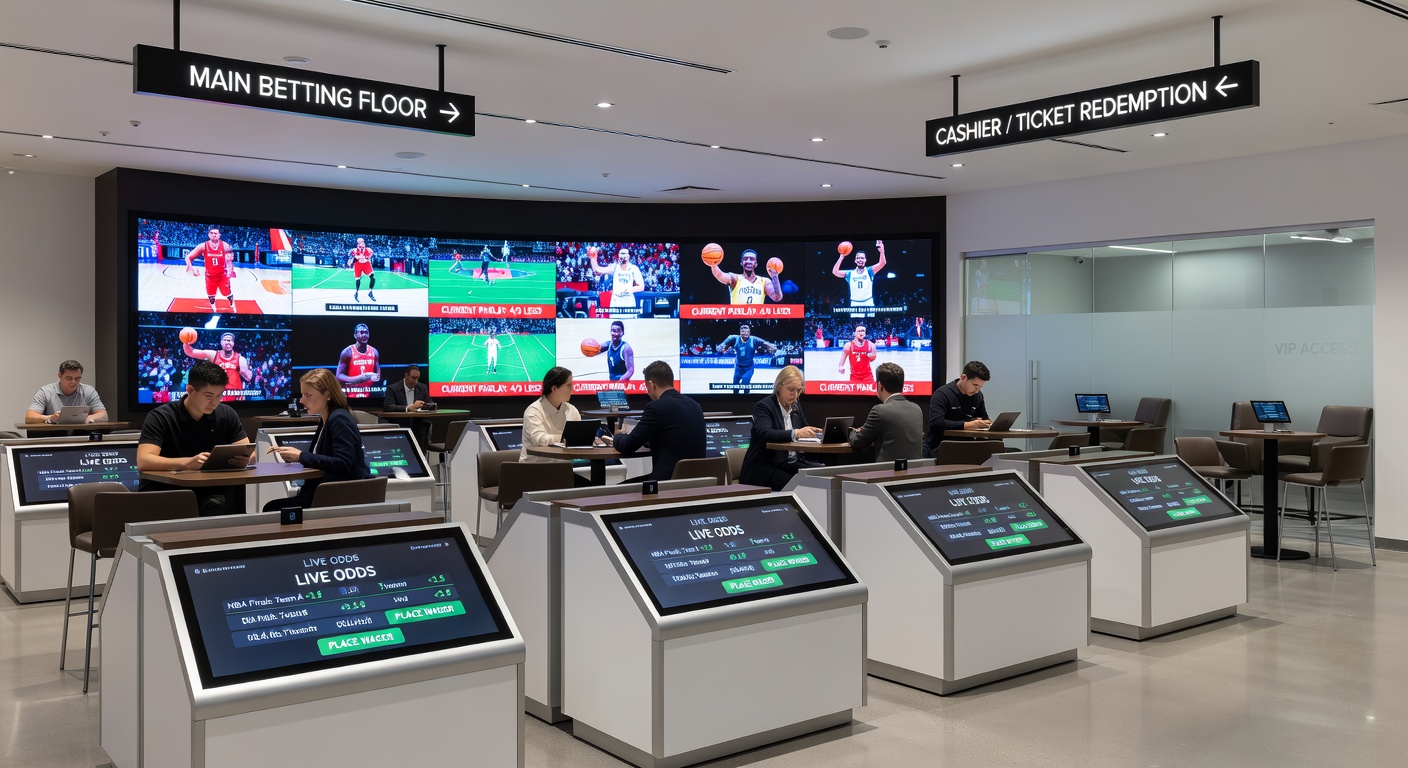Detailed floor plan illustration of a sports wagering facility highlighting zones for self-service terminals, staff-assisted counters, and integrated lounge seating