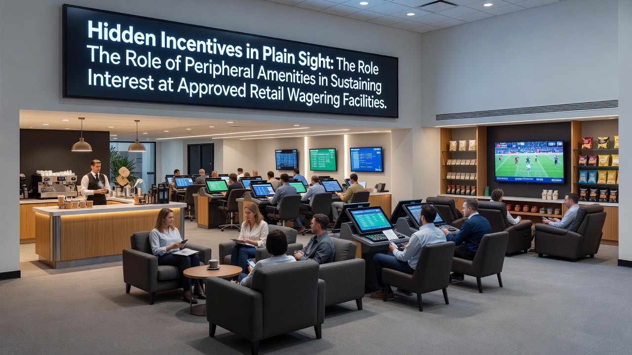Interior view of a retail wagering facility showing comfortable seating areas, food counters, and betting screens integrated into the space