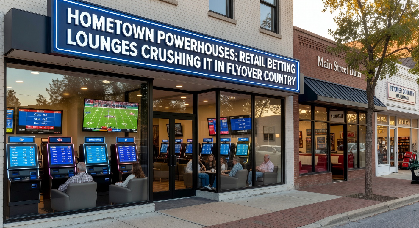 Crowded retail betting lounge in a Midwestern casino filled with screens, patrons cheering sports events, and betting kiosks buzzing with activity