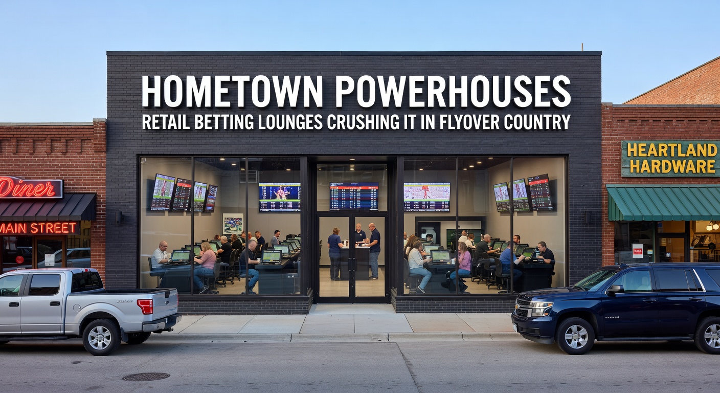 Patrons at a heartland retail betting lounge placing wagers on large touchscreens while watching multiple games on overhead screens, with bar service in the background