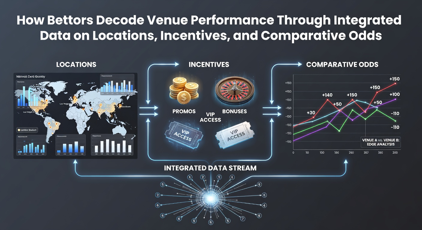 Bettors reviewing integrated venue performance dashboards with location, incentive, and odds data overlays