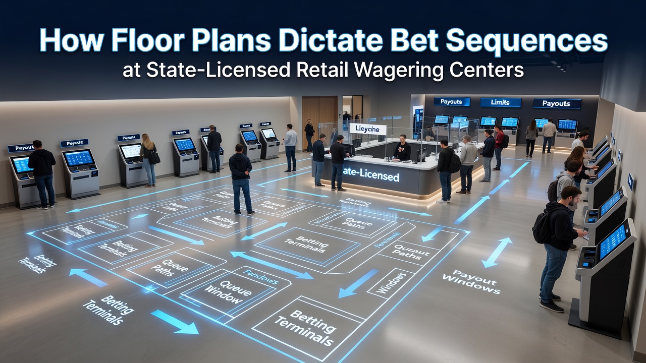 Detailed view of a retail sportsbook floor plan showing betting windows, seating clusters, and screen placements that guide patron movement and wager timing
