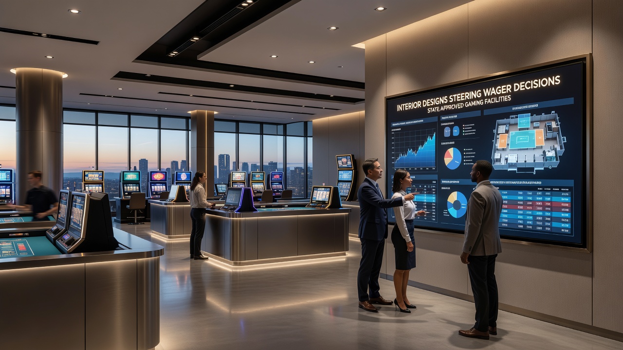 Detailed shot of a sportsbook lounge interior with strategic terminal placement and flow patterns influencing bettor decisions