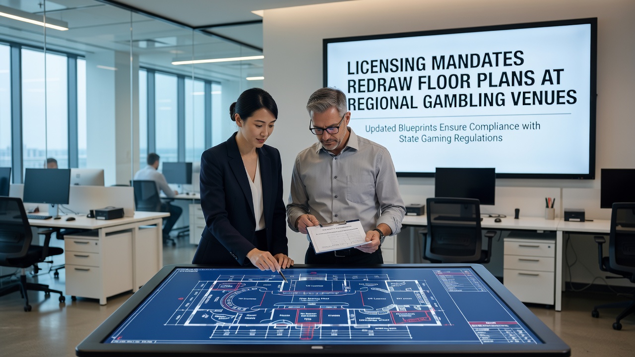 Interior view of a redesigned regional gambling venue showing reconfigured betting areas, surveillance stations, and clear pedestrian pathways