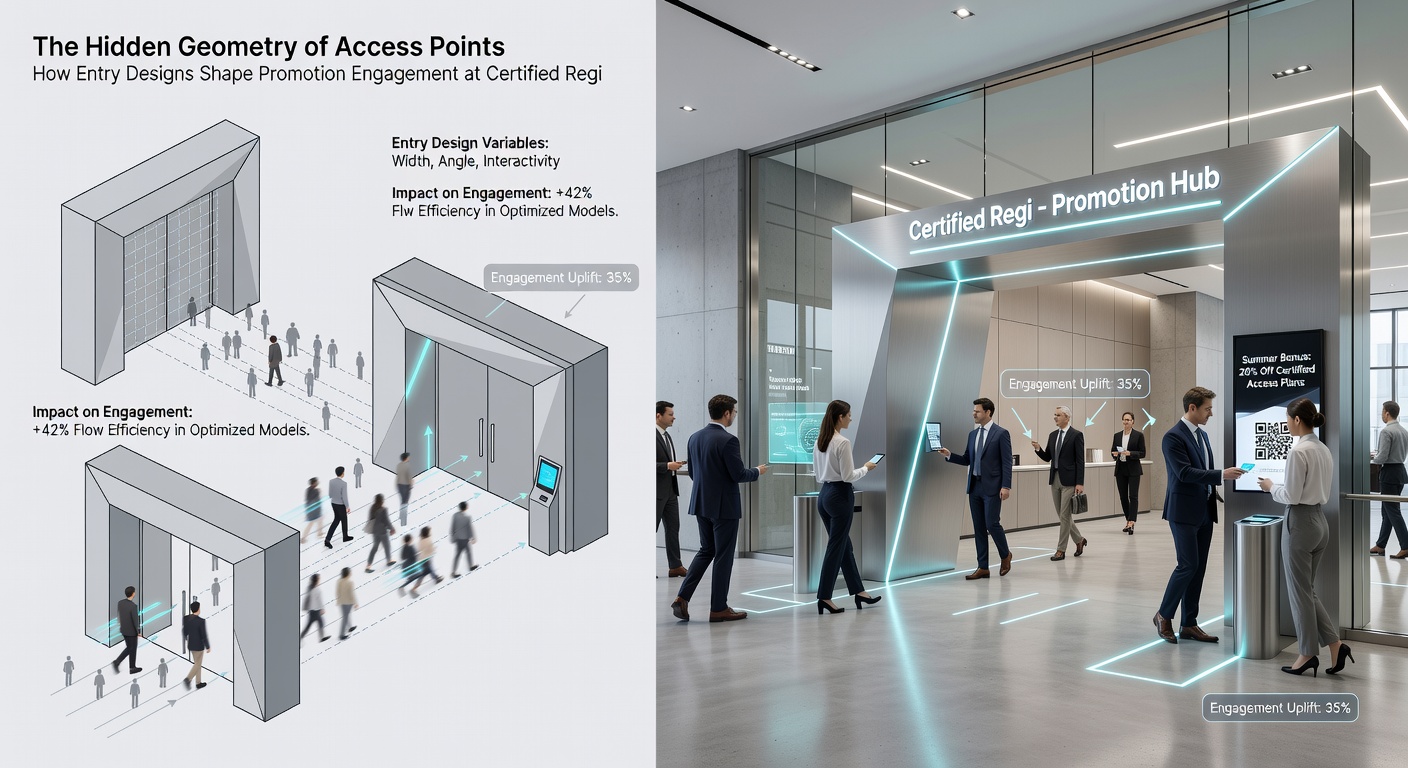 Interior view of a gaming site entry with strategic promotion placement and flow arrows