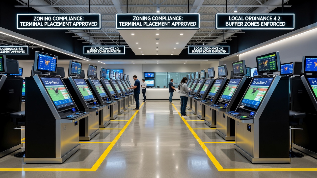 Map illustrating local zoning districts and approved betting terminal locations in retail gaming centers