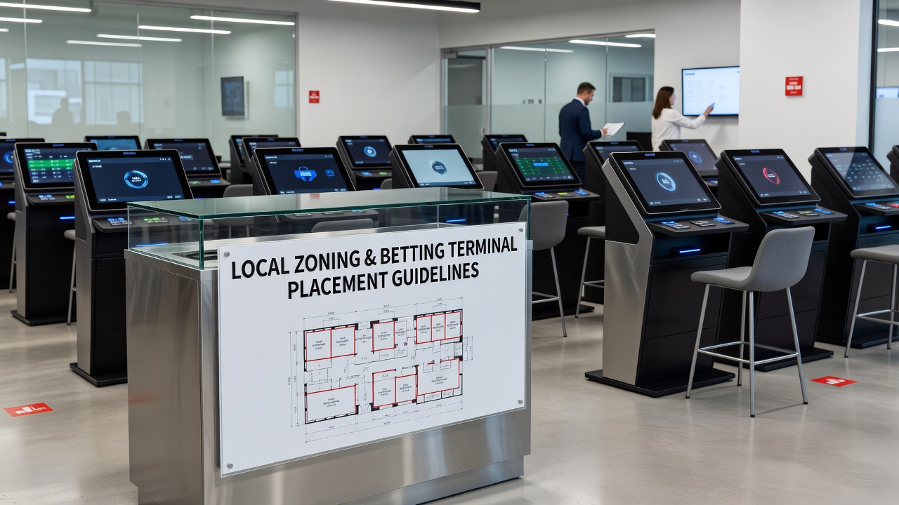 Interior layout of a retail gaming center showing strategically placed betting terminals under local zoning compliance