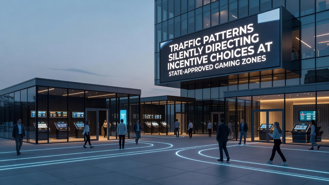 Interior photo of a gaming zone with overlaid arrows illustrating traffic patterns directing patrons toward incentive displays