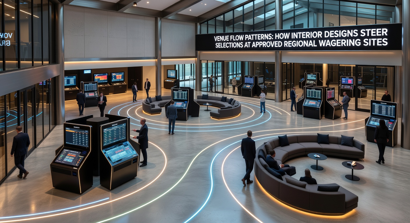 Interior layout of an approved regional wagering site showing curved pathways and strategically placed betting terminals that guide customer movement