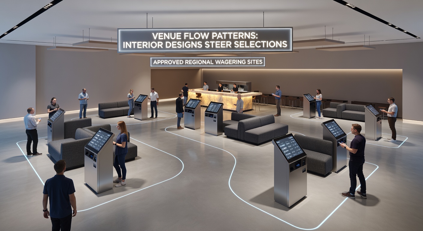 Detailed view of betting terminal clusters and directional signage in a regional wagering venue highlighting flow optimization